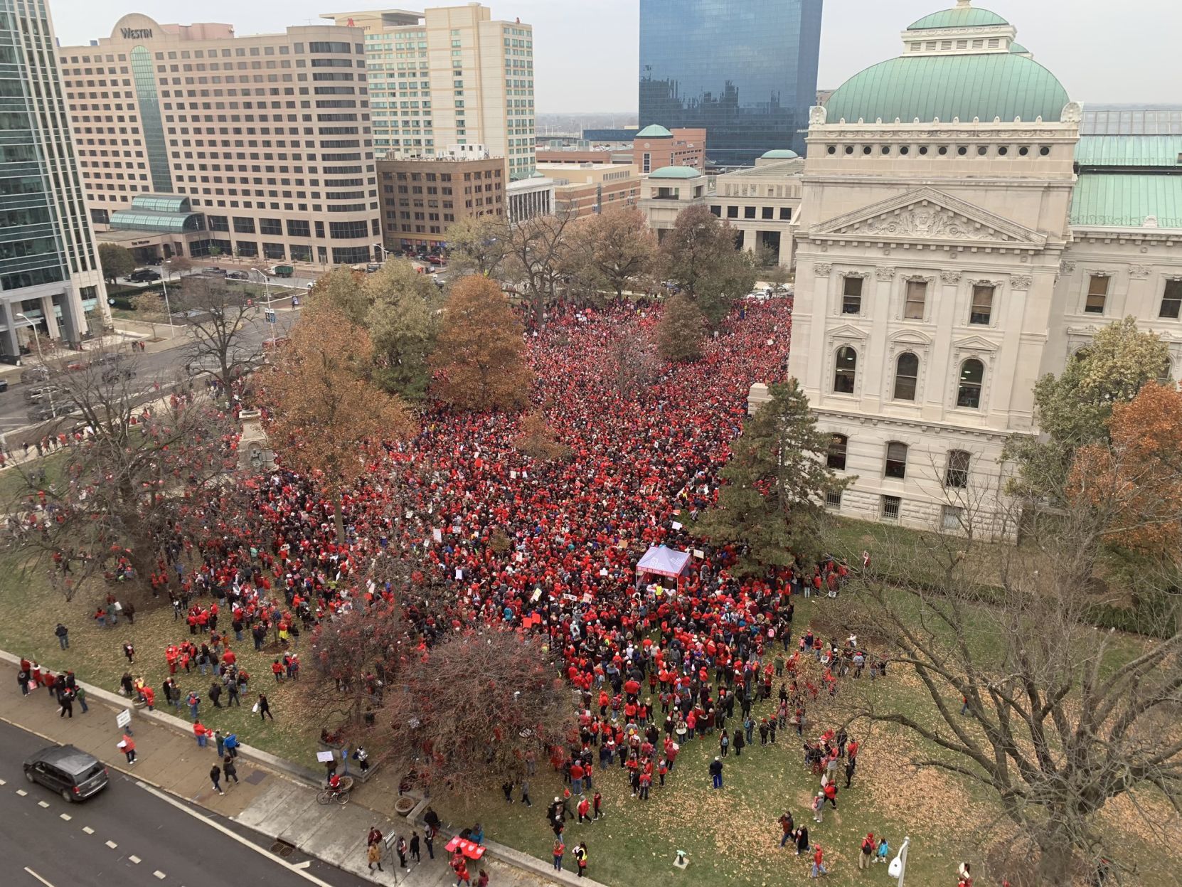 GO RED FOR ED - View from parking garage of teachers gathered.jpg